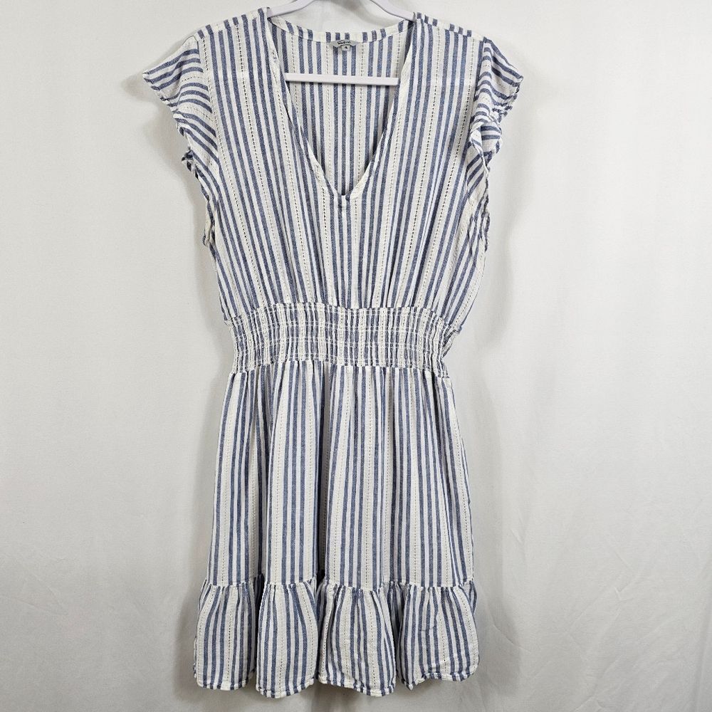 Rails Blue & White Striped Smocked V-Neck Mini Dress